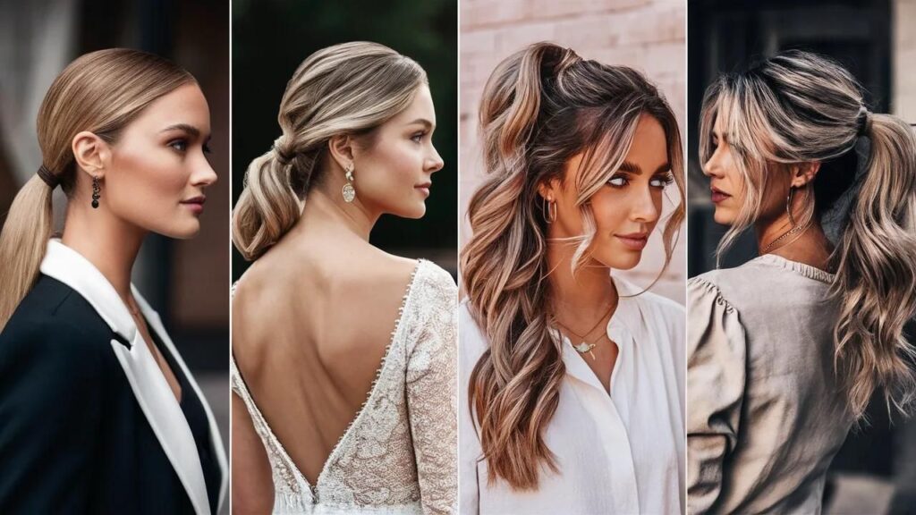 Four images of women with long hair showcasing various hairstyles for busy women.