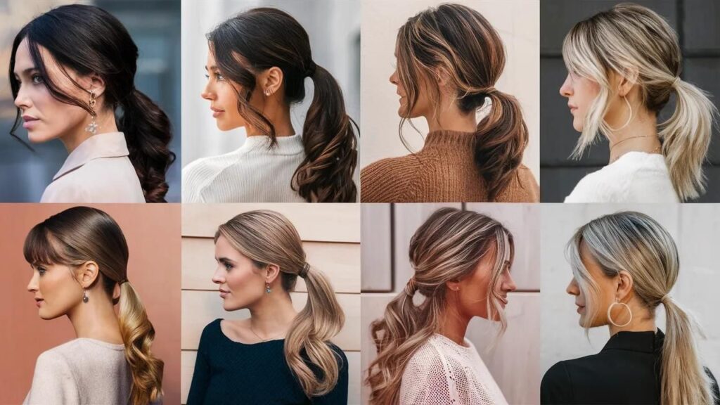 A collage of colorful ponytails showcasing various hairstyles for busy women.