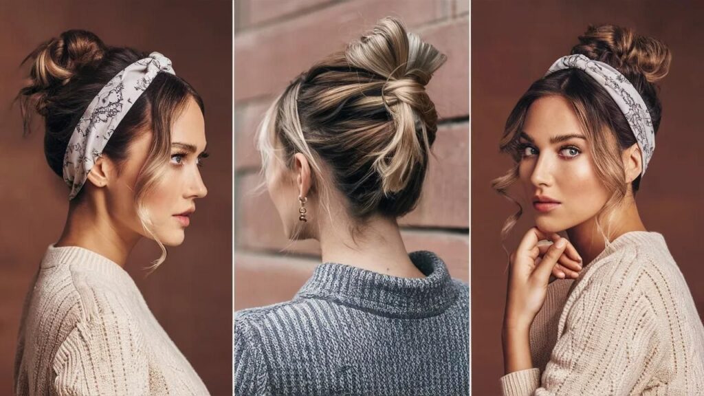 A collage of four images showcasing a woman with her hair elegantly styled in a Headband Tuck. Perfect for busy women seeking trendy hairstyles.