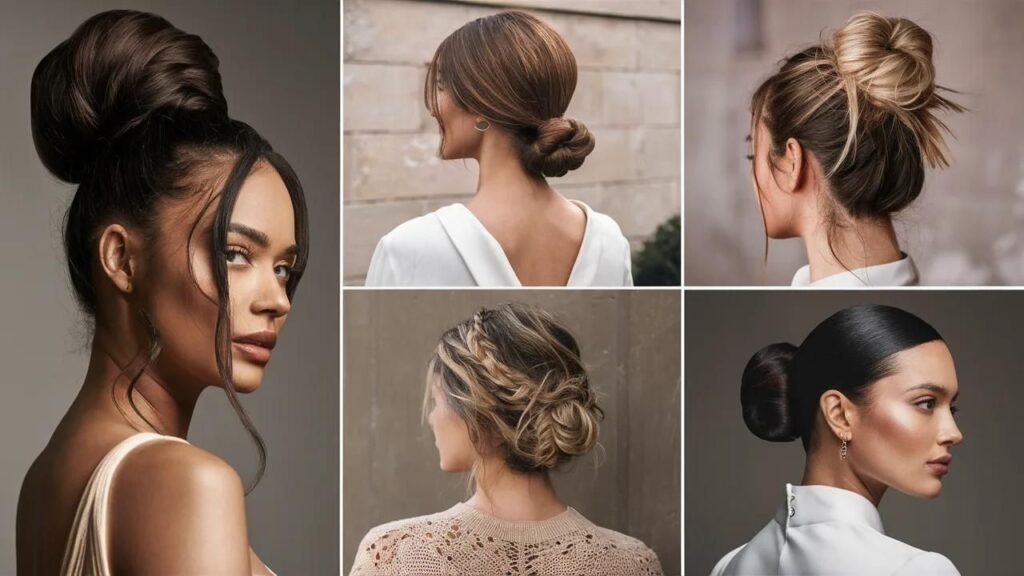 Four hairstyles for busy women: short bob in blonde, long wavy in brunette, medium straight in red, and curly updo in black.