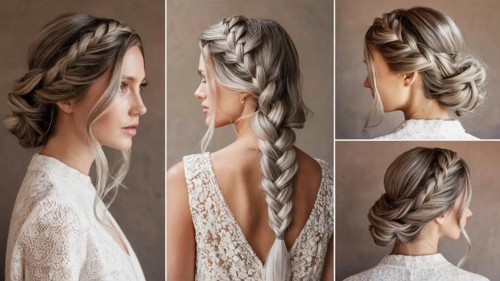 A collage of four images showcasing a woman with a stylish braid updo, perfect for busy women.