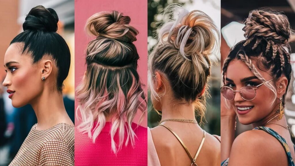 Different colored hair styled in four unique ways for busy women.