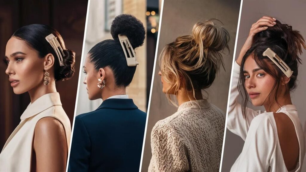 Four women with hair clips showcasing different hairstyles for busy women.