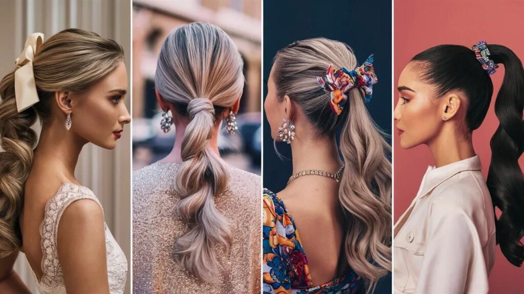 Four hairstyles with bows: sleek ponytail, messy bun, braided crown, and half-up with curls. Perfect for busy women.