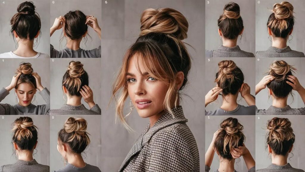 Collage of messy bun hairstyles for busy women: twisted, braided, and top knot options.