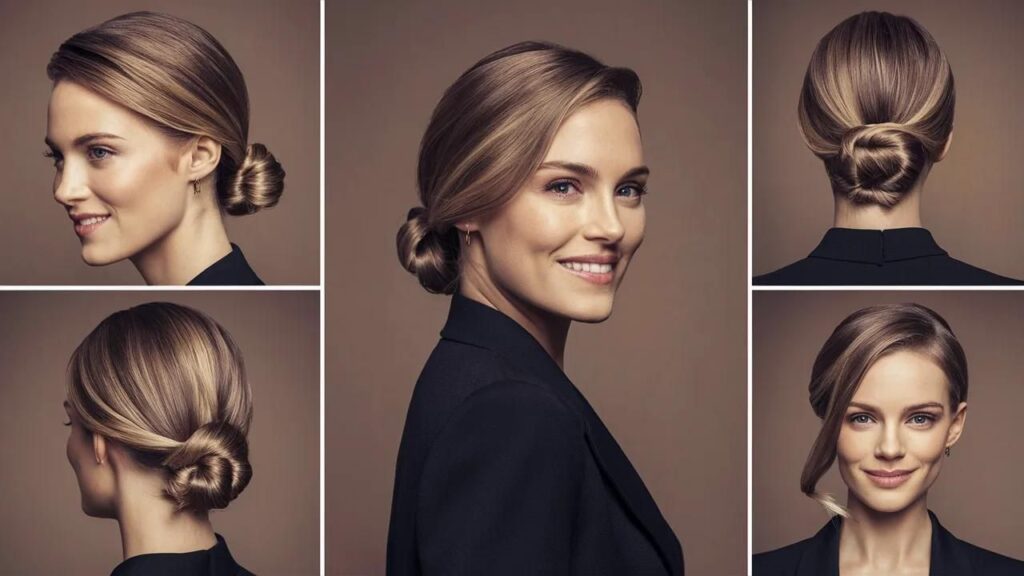 A collage of four images featuring a woman with a bun hairstyle. Perfect for busy women looking for quick and stylish hairdos.