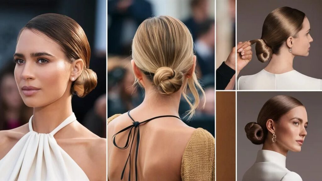 Variety of hairstyles for busy women showcased by a woman with a bun.