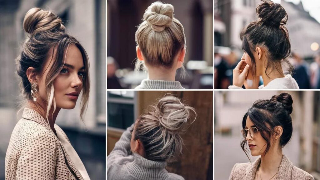 Four women with Top Knot showcasing trendy hairstyles for busy women.