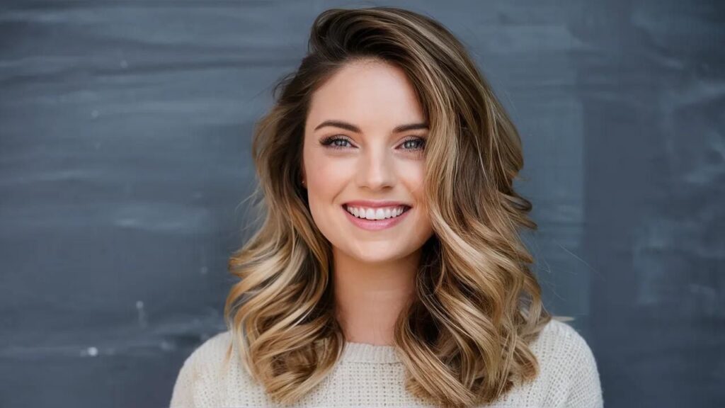 Smiling woman with long wavy hair.