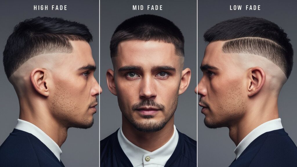 An infographic or side-by-side images illustrating the difference between high fade, mid fade, and low fade haircuts.