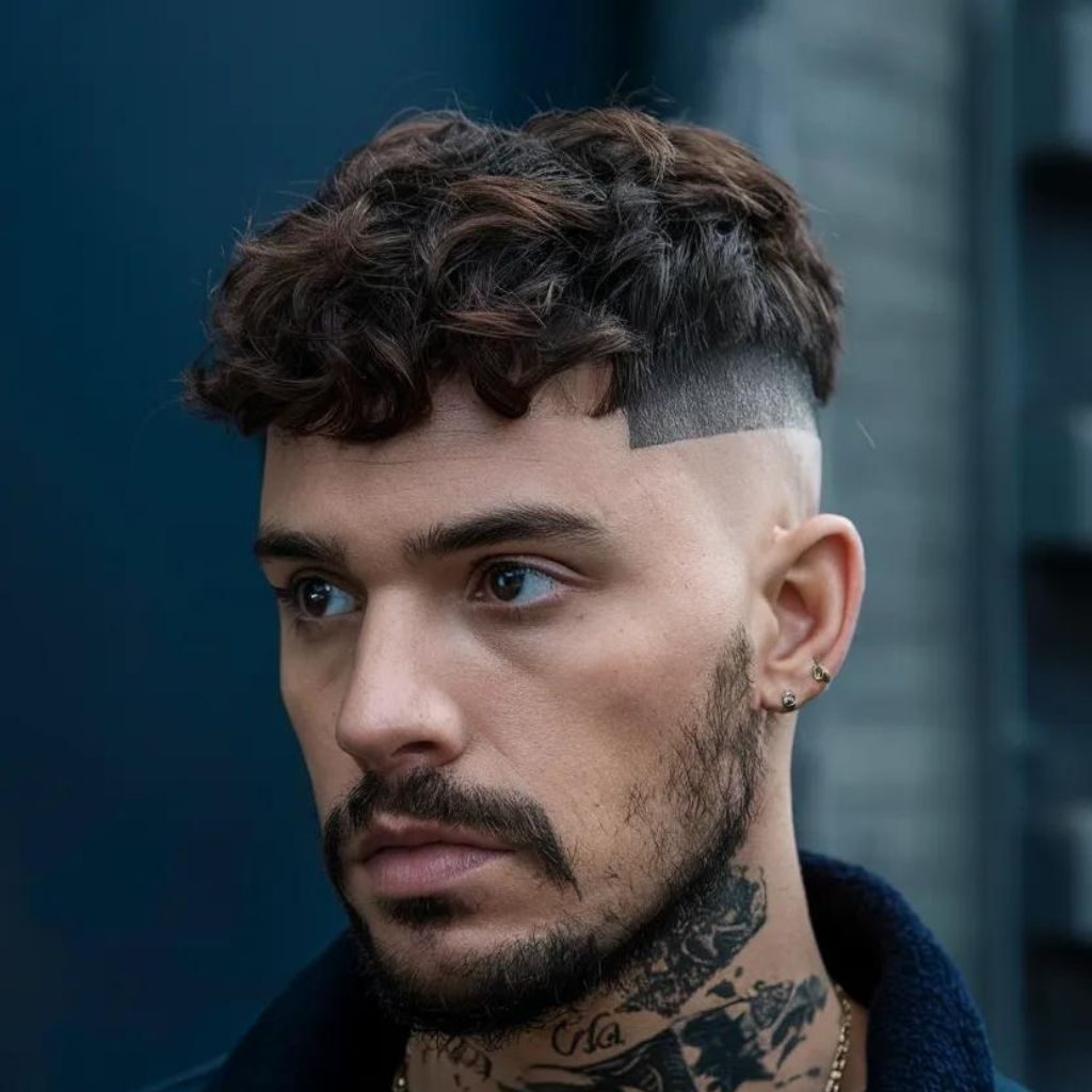 Low Taper Fade with Curly Fringe