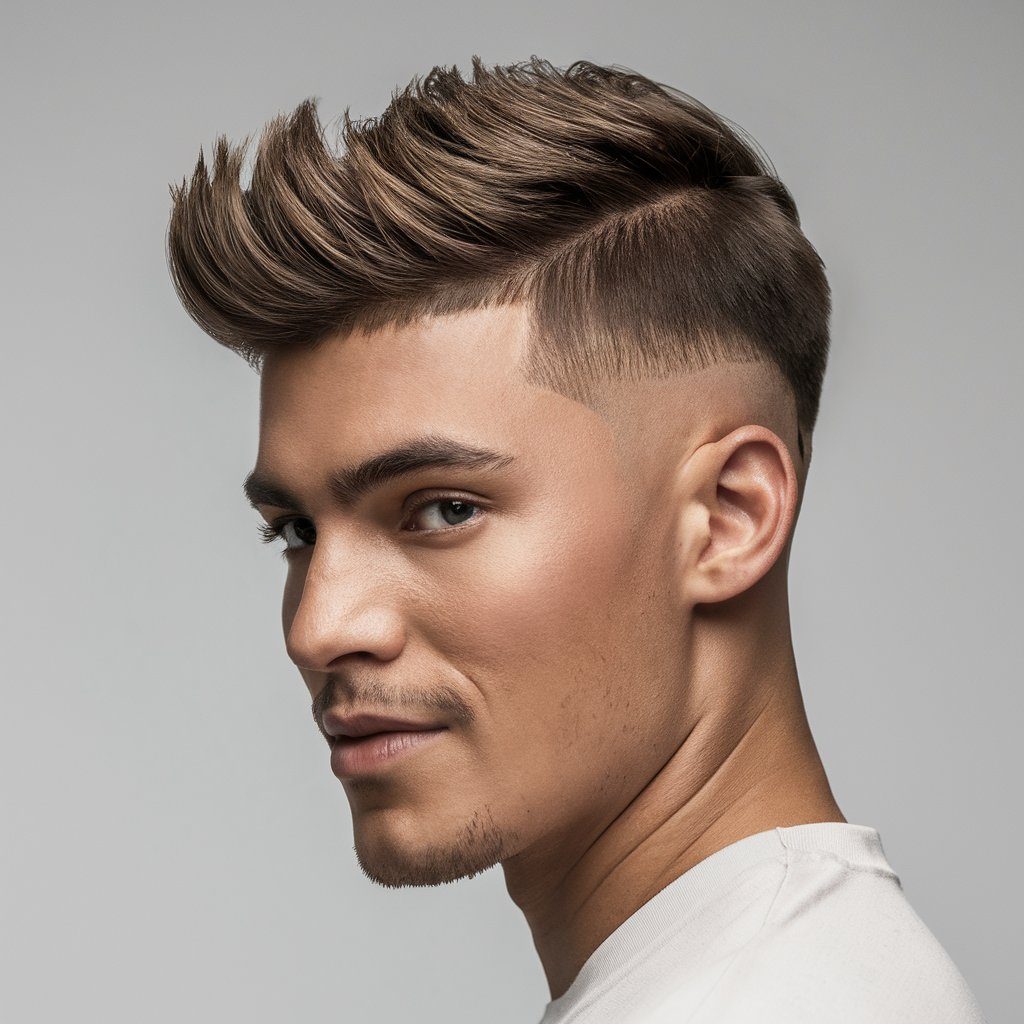  Features a voluminous pompadour on top with a tapering effect on the sides.