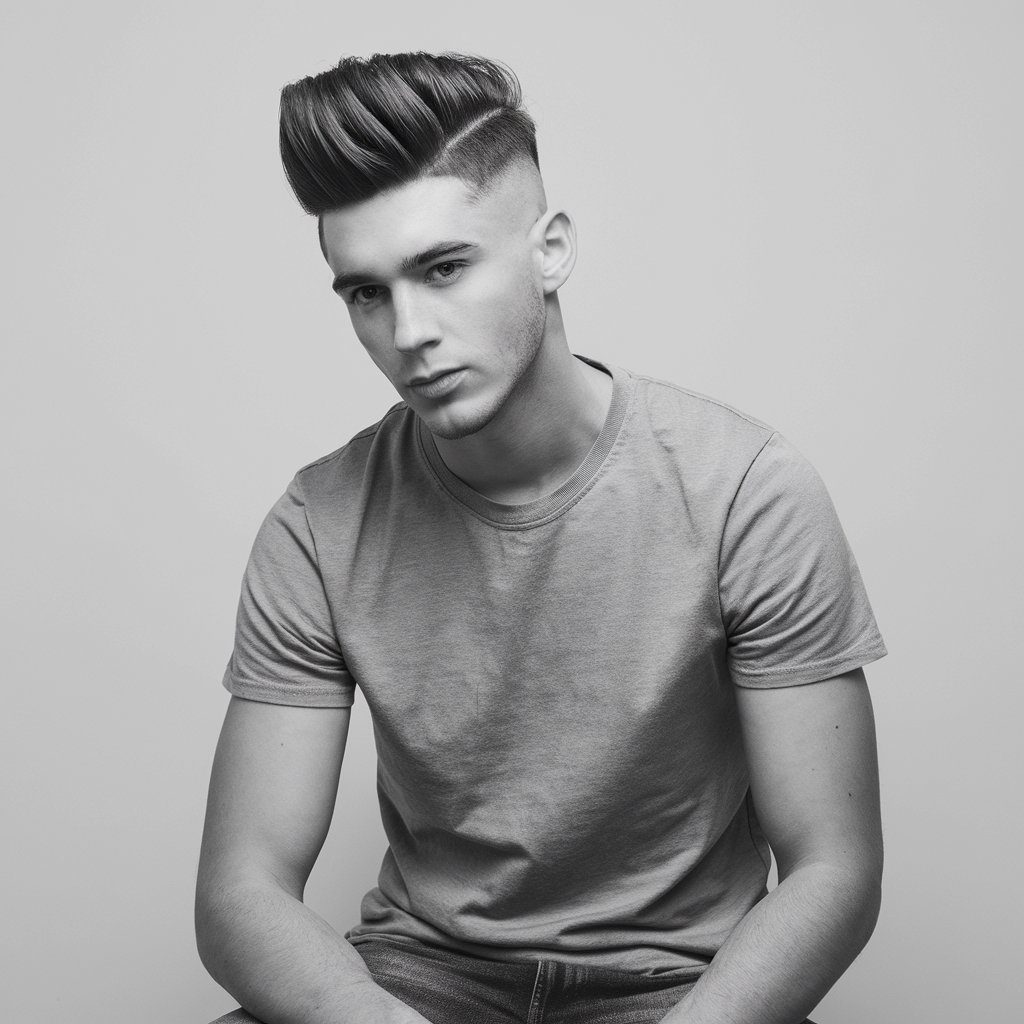  Features a voluminous pompadour on top with a tapering effect on the sides.