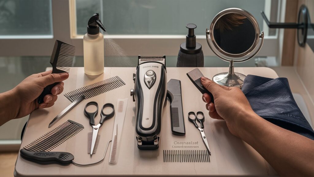 A neatly arranged display of all the tools needed for a fade haircut, including clippers, guards, scissors, comb, mirror, cape, and spray bottle.