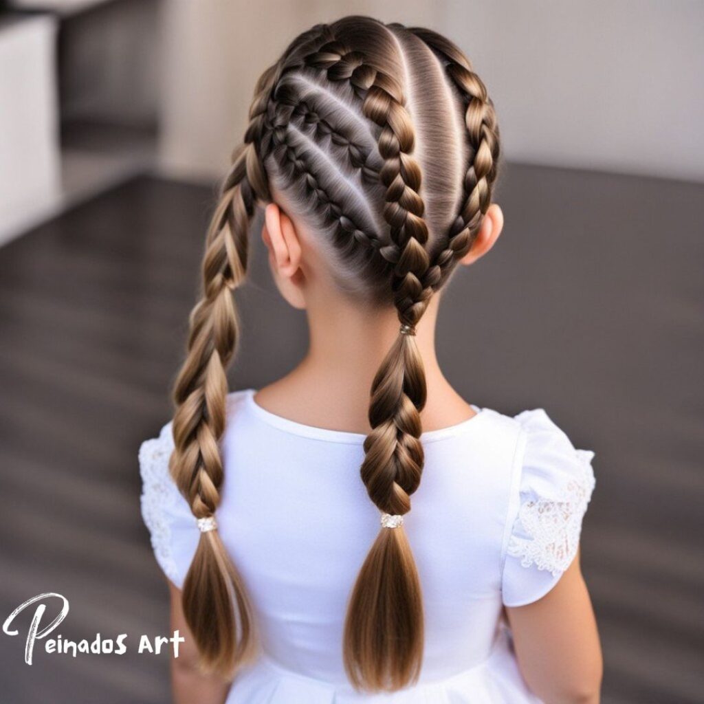 Una imagen de una niña con un peinado cuidadosamente trenzado, que ejemplifica la elegancia de varios peinados para niñas con cabello largo.