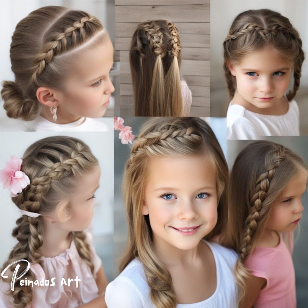 Un montaje de peinados elegantes para niñas con cabello trenzado, que muestra varios diseños de trenzas encantadores e intrincados.