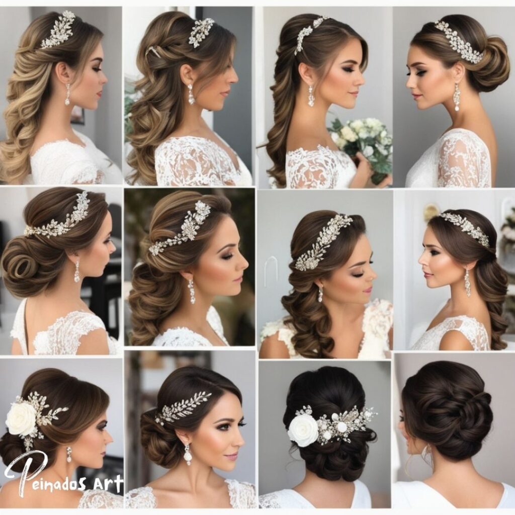 Collage de estilos de peinados para niñas en bodas. Desde elegantes recogidos hasta ondas sueltas, inspiración para la elección del peinado ideal para una boda.