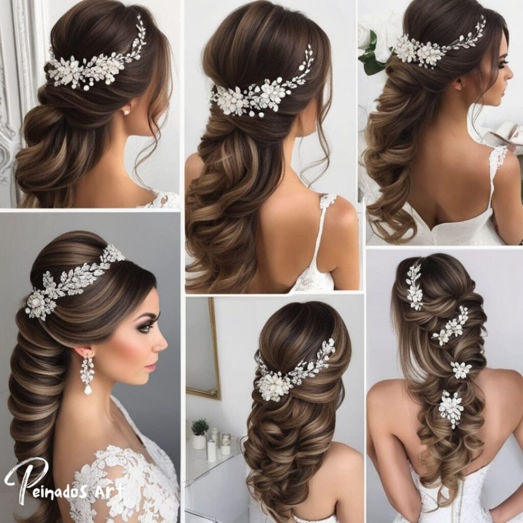 Collage de estilos de peinados para niñas en bodas. Desde elegantes recogidos hasta ondas sueltas, inspiración para la elección del peinado ideal para una boda.