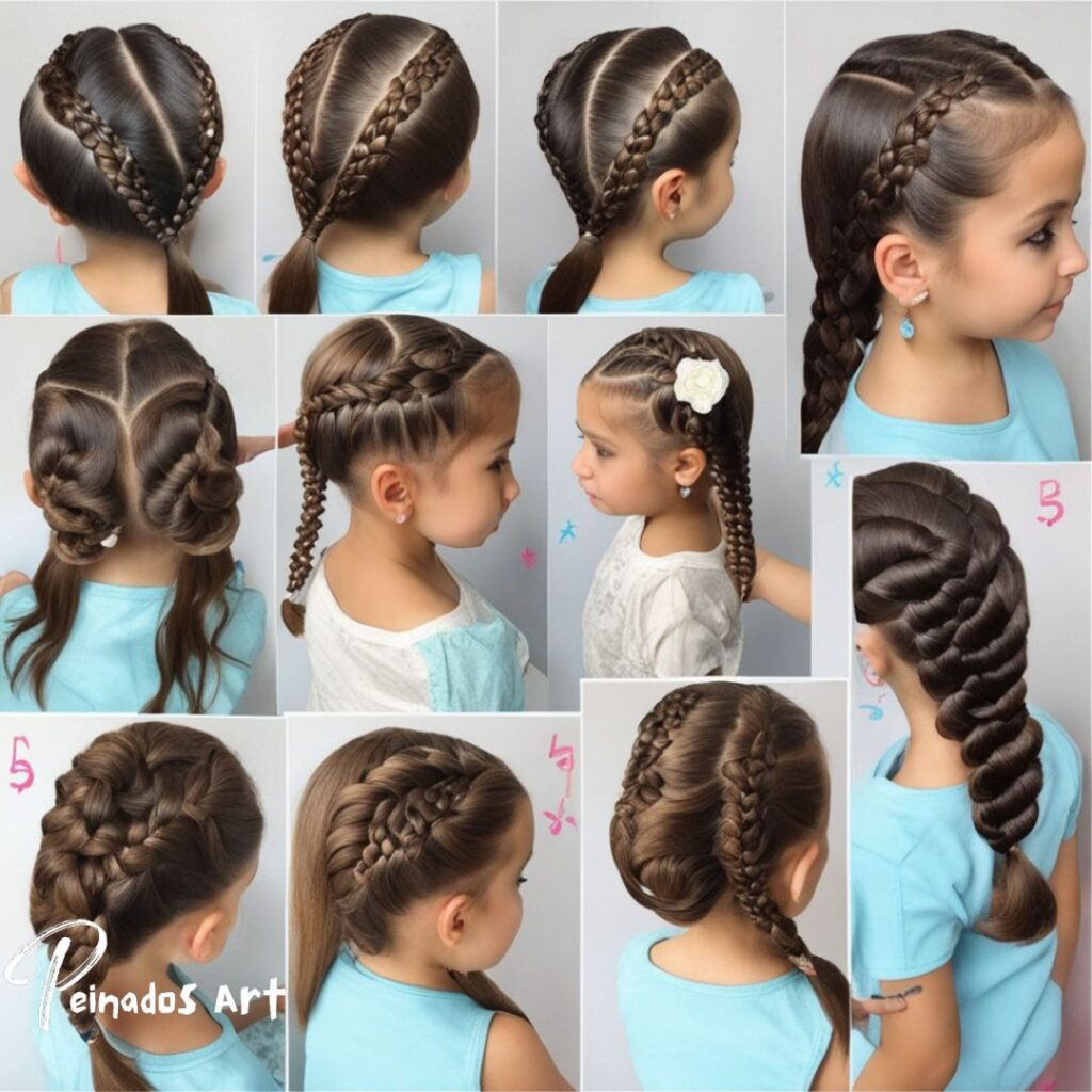 Consigue un elegante peinado trenzado para niñas con estas imágenes secuenciales que ilustran el proceso paso a paso.
