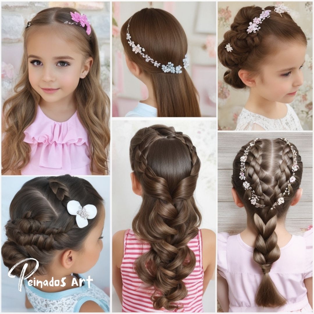 Un collage formal que muestra varios peinados con vaselina para niñas pequeñas, con una variedad de peinados adorables y modernos.