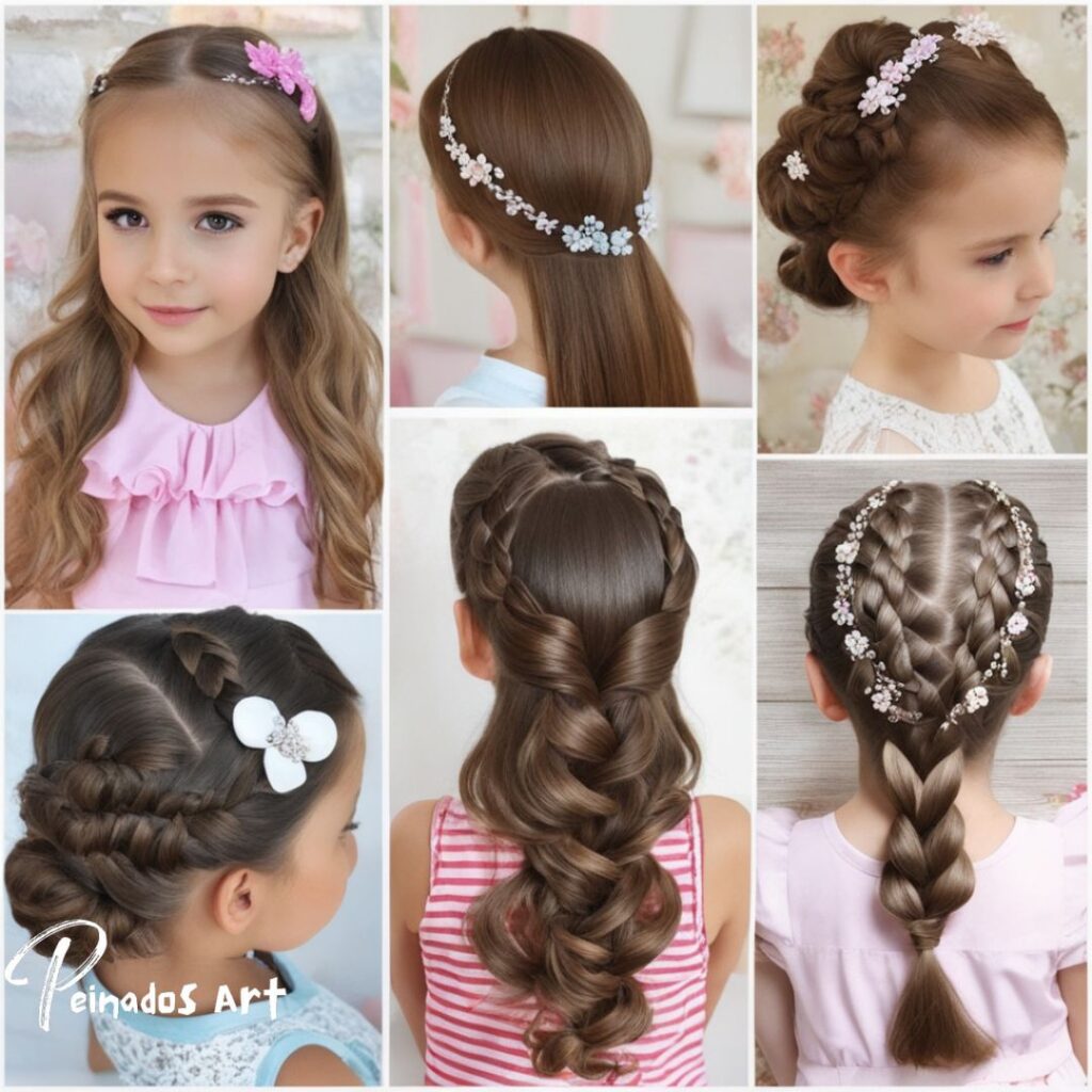 una colección de peinados sofisticados para niñas, con trenzas intrincadas y una elegancia atemporal