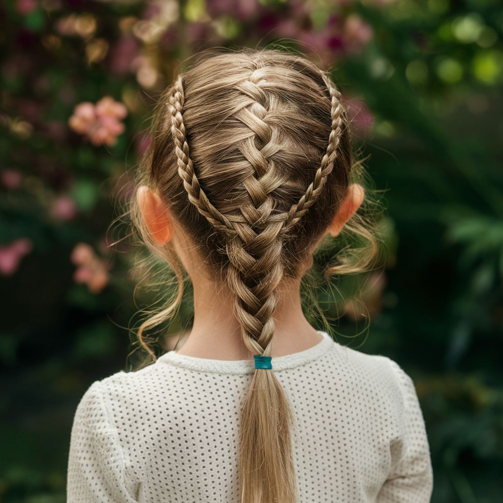 Una chica con cabello largo y rubio peinado en una trenza, mostrando un moderno peinado con trenza Spike.
