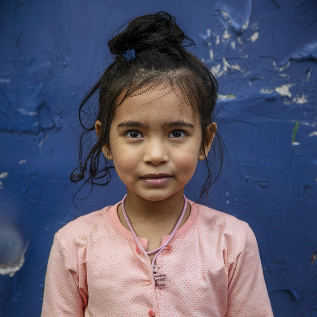 Una niña joven con una coleta parada frente a una pared azul. Peinados con pelo suelto para niñas.
