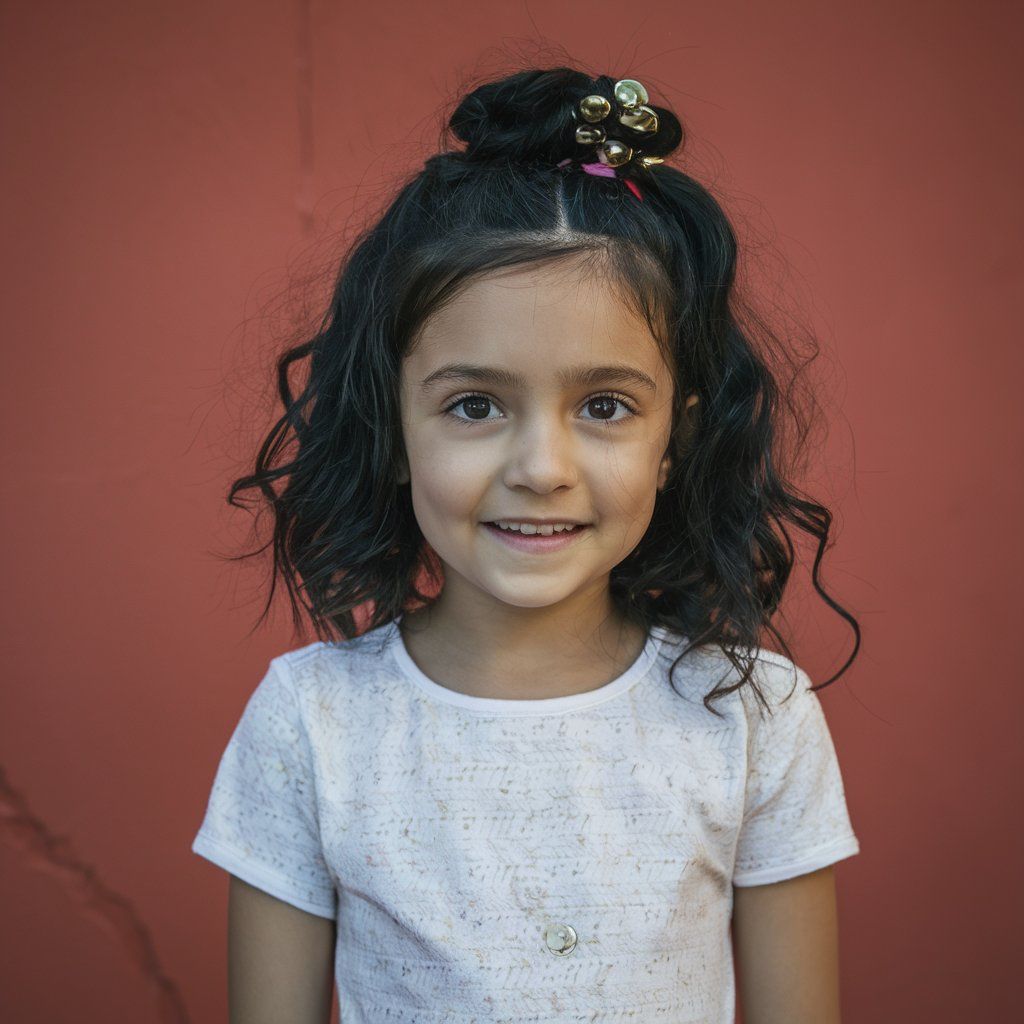 Retrato de una niña pequeña con cabello rizado. Peinados con pelo suelto para niñas.