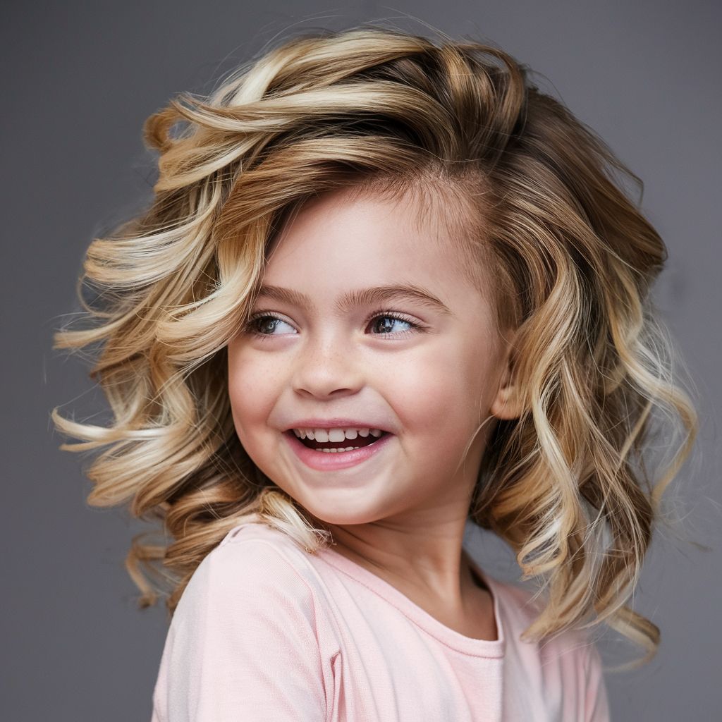 Una niña sonriente con cabello rizado.