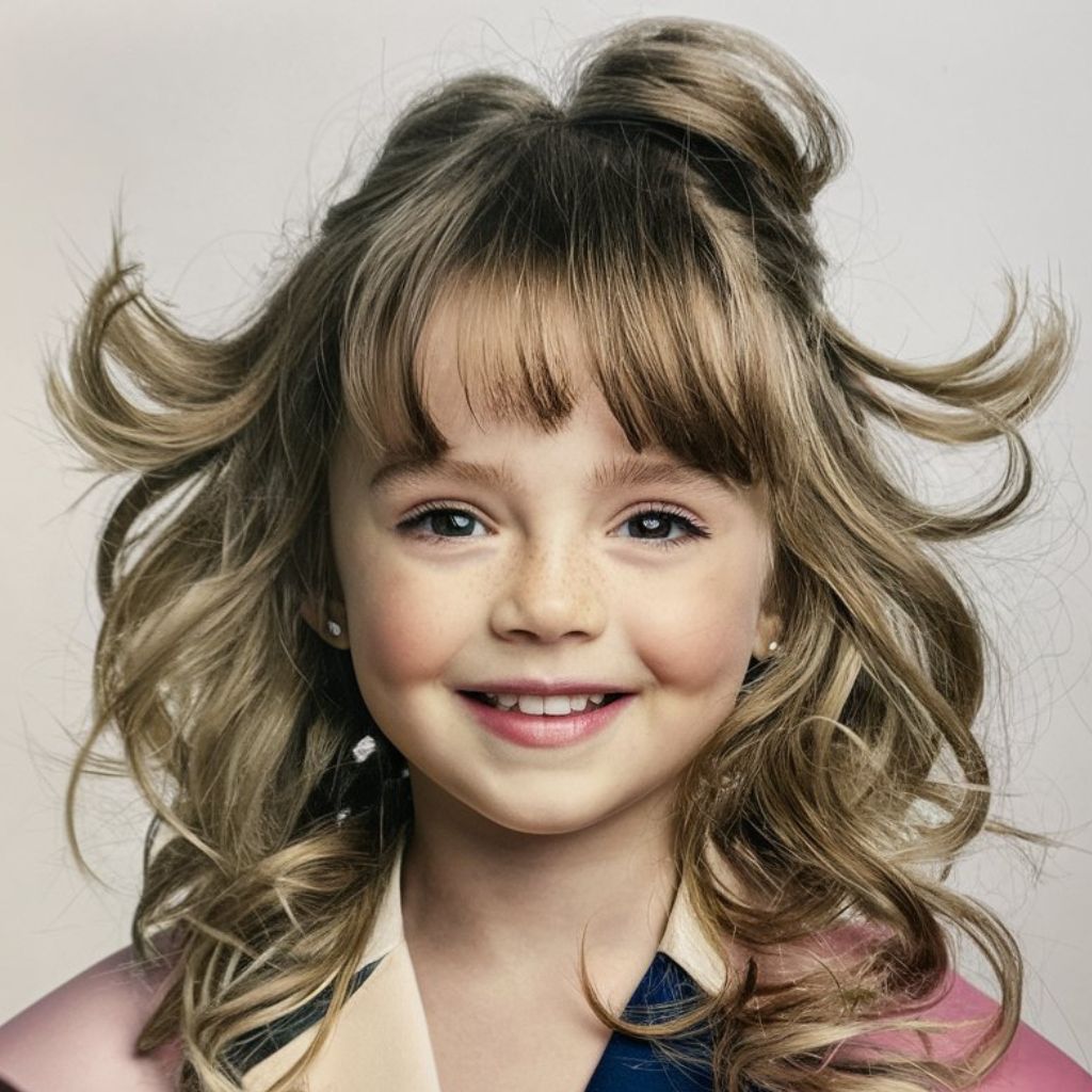 Una niña joven con cabello largo y una chaqueta rosa. Peinados con pelo suelto para niñas.