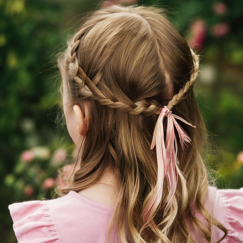Imagen de una niña con vestido rosa y una trenza en el cabello.
