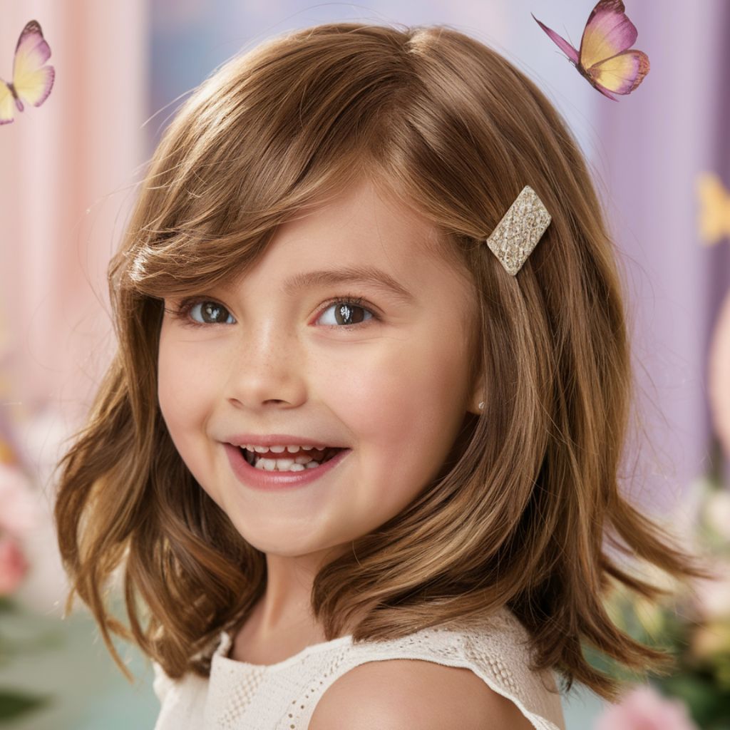 Una niña con un clip de mariposa en el cabello. Peinado con pelo suelto y flequillo lateral.
