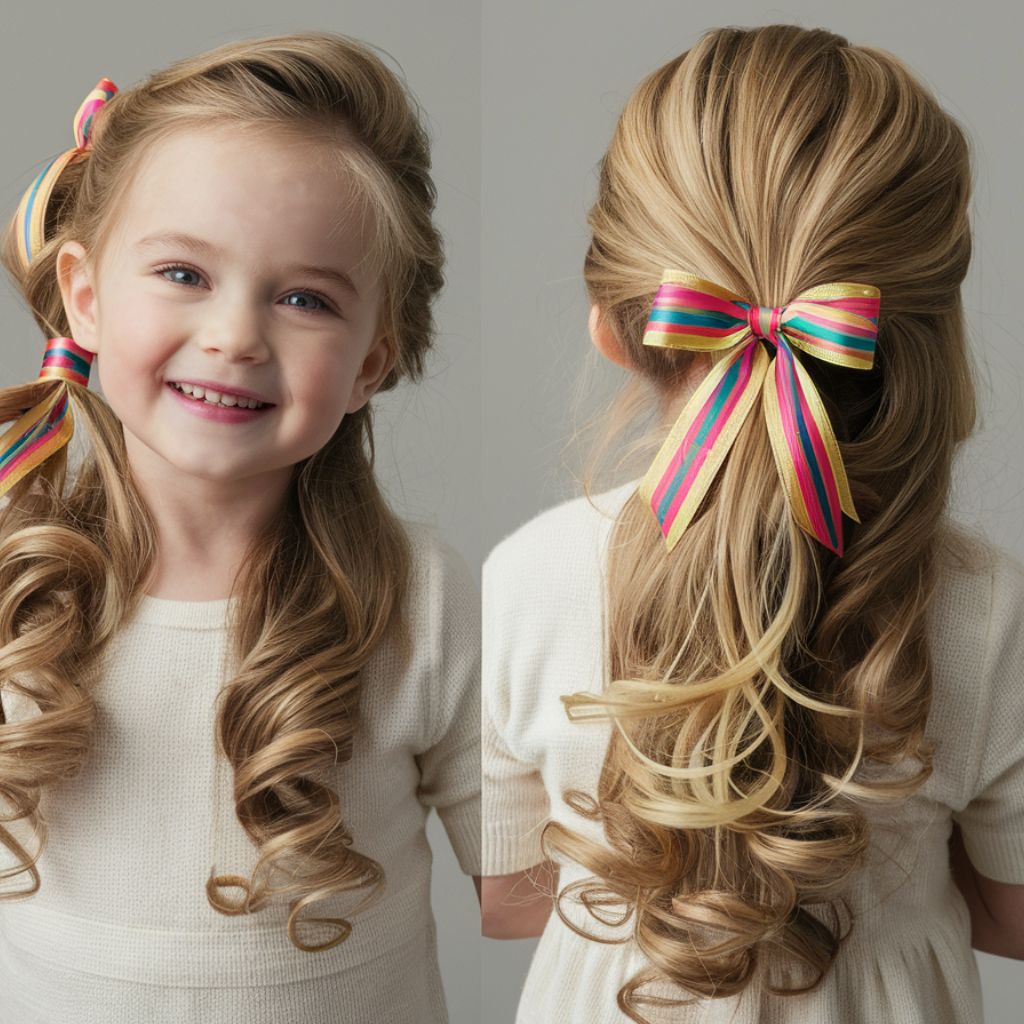 Dos niñas pequeñas con cabello largo usando lazos. Peinados con pelo suelto para niñas 
