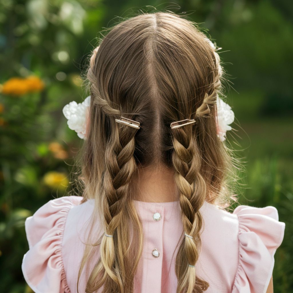 Una niña pequeña con trenzas en su cabello. Peinados con pelo suelto para niñas.
