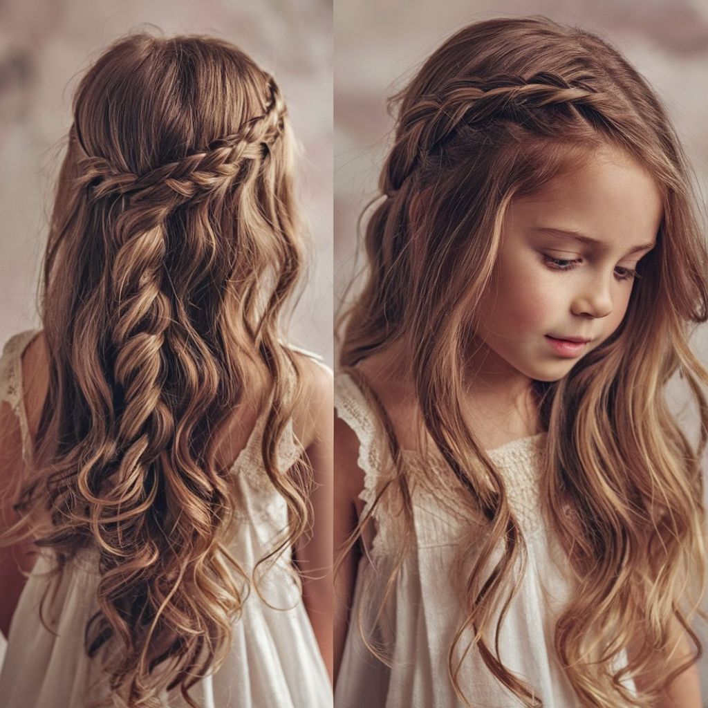 Peinado para niñas con pelo suelto: trenza cascada. Una trenza elegante y deslumbrante que realza la belleza natural del cabello suelto.
