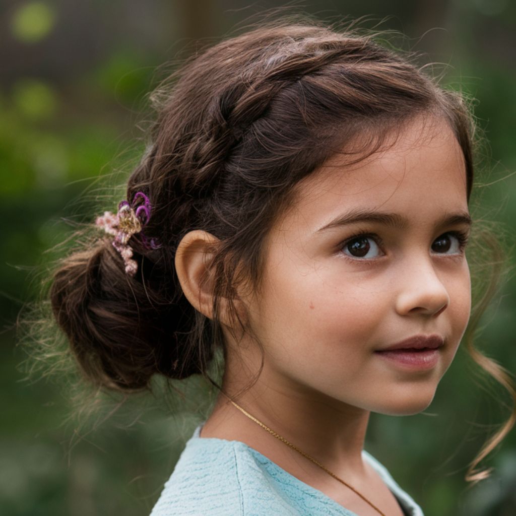 Una niña joven con una trenza en su cabello. Peinados con pelo suelto para niñas.
