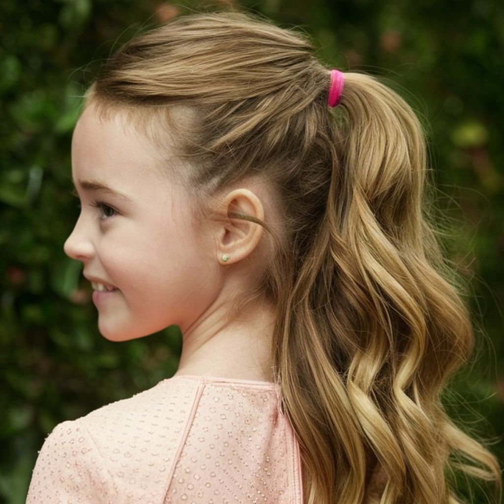 Una niña joven con coleta y camiseta rosa. Peinados con pelo suelto para niñas de 10 años.