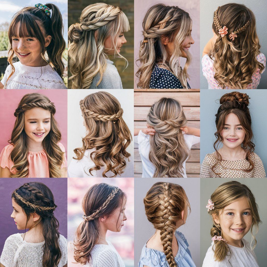 Imagen con diferentes opciones de peinados sueltos para niñas de 10 años.
