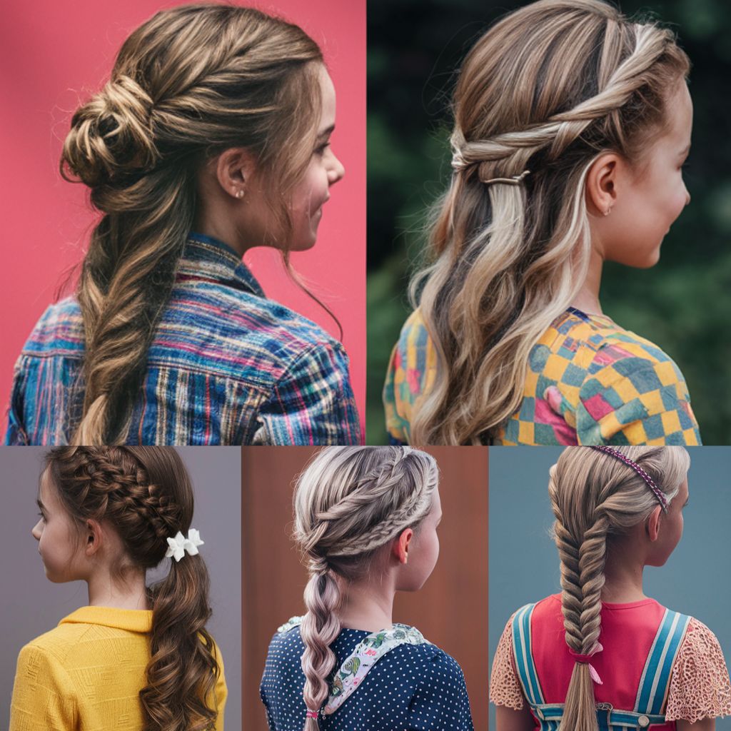 Cuatro estilos de peinados con trenzas para niñas de 10 años.
