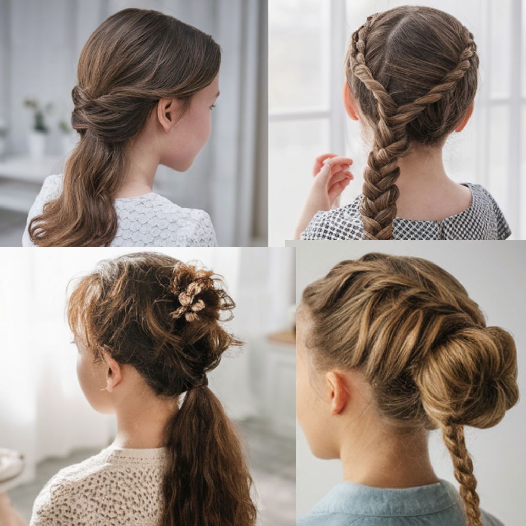 Cuatro imágenes de una niña con cabello largo en una trenza. Peinados con pelo suelto para niñas de 10 años.