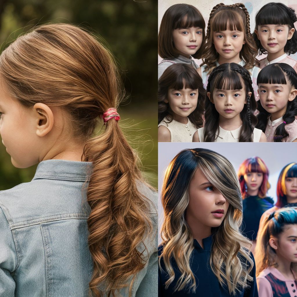 Un collage de niños con varios peinados lisos, mostrando diferentes estilos de cabello para niñas.