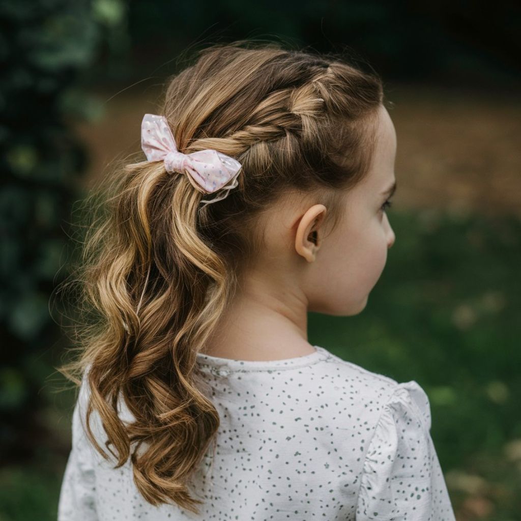 Una niña con un lazo en el pelo, luciendo peinados lisos para niñas.
