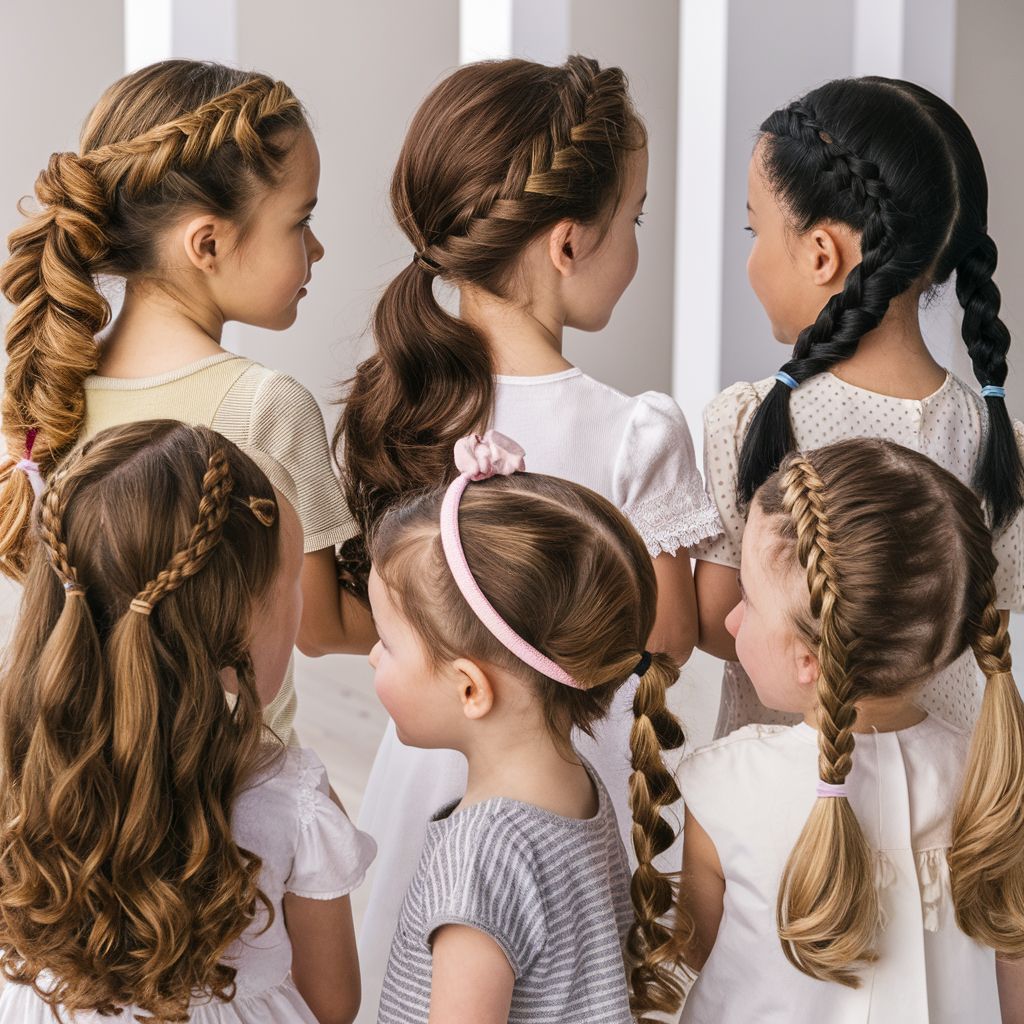 Un encantador grupo de niñas con trenzas que muestran elegantes peinados lisos para niñas.