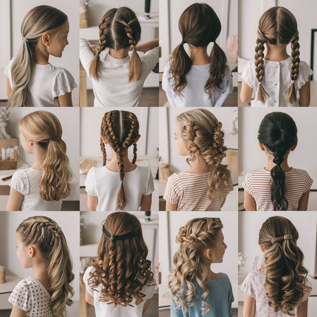 Collage de peinados para niñas: trenzas, coletas y moños, perfectos para lucir hermosas y cómodas.
