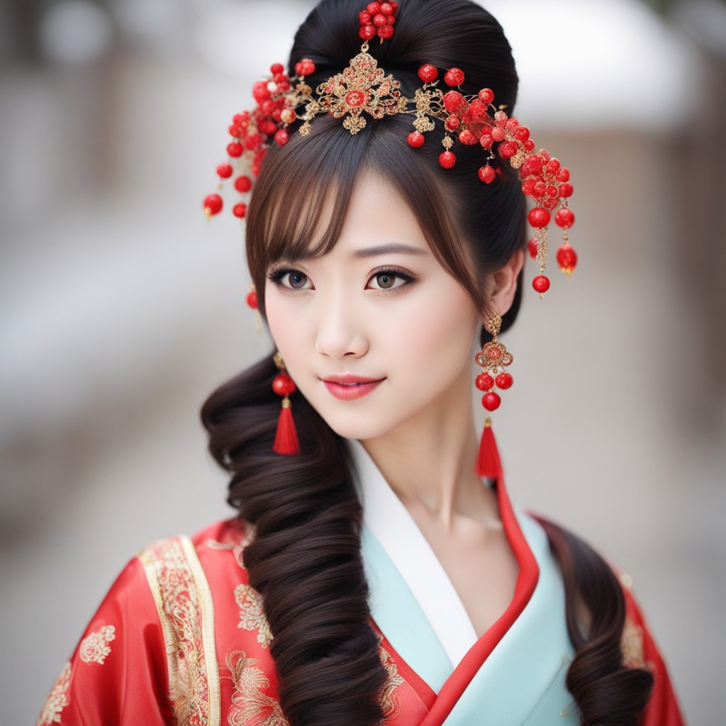Se ve a una hermosa dama vistiendo ropa tradicional china, con especial énfasis en peinados para niñas chinas.