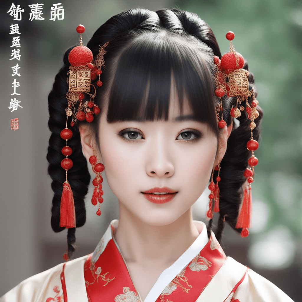 elegante chica china con traje tradicional, mostrando un peinado impresionante
