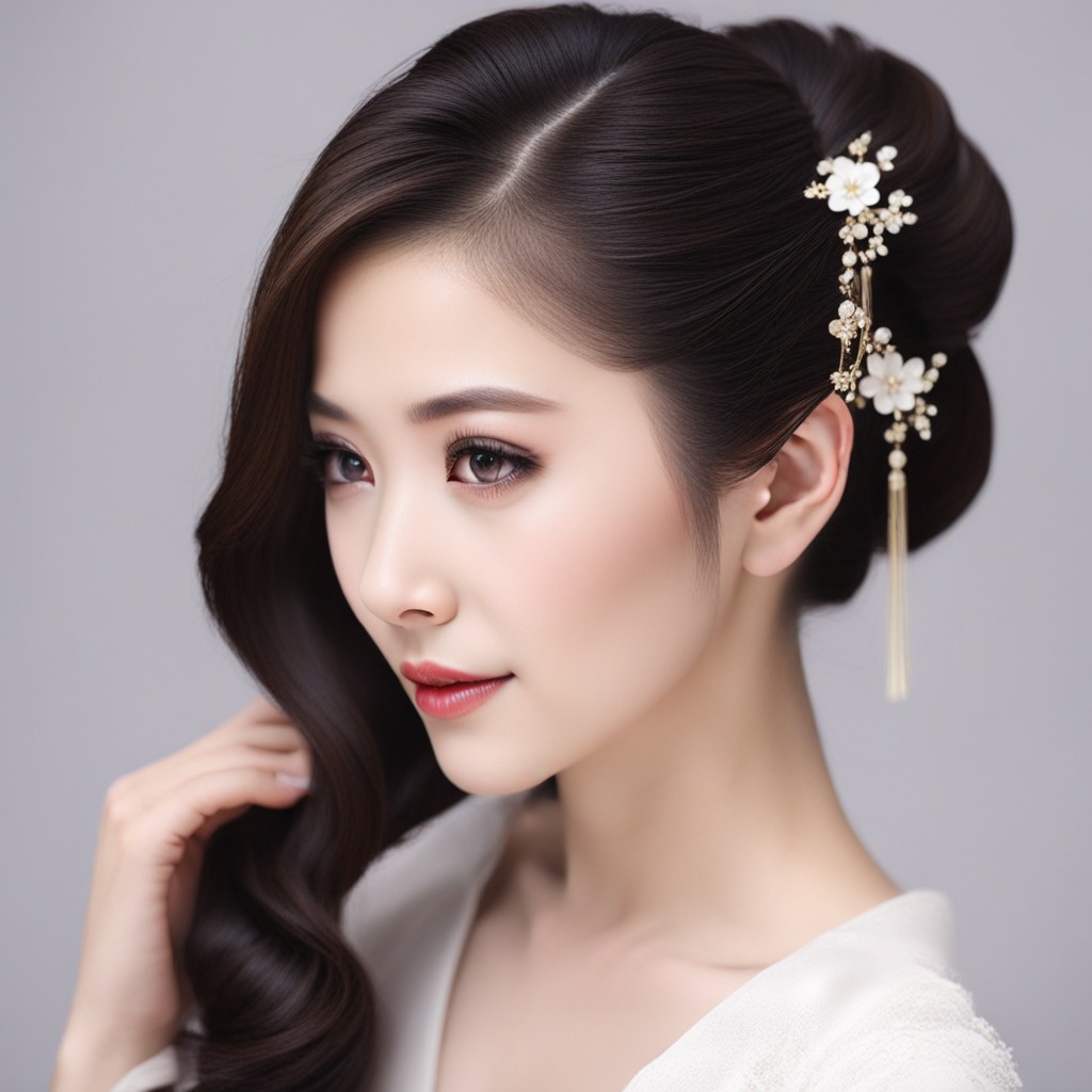 Una imagen cautivadora muestra a una mujer deslumbrante adornada con un postizo de novia y con un cabello largo y brillante. Esta representación visualmente atractiva de peinados chinos para niñas rezuma elegancia y gracia.