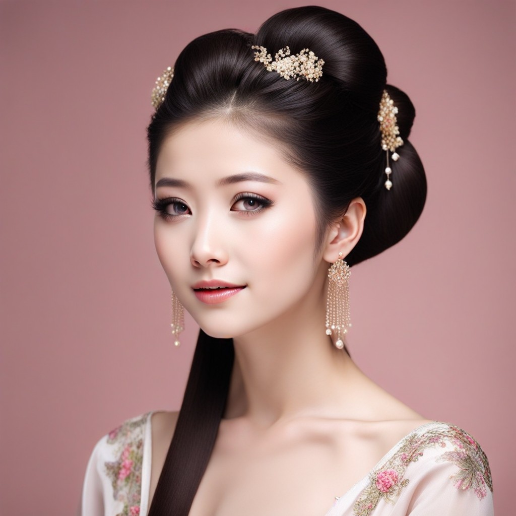 una mujer visualmente atractiva vestida con un vestido tradicional chino, mostrando su cabello largo e incorporando peinados chinos para niñas.