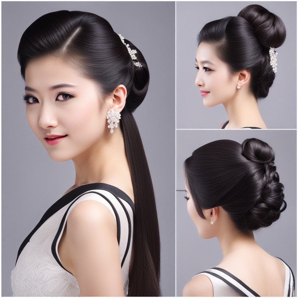 El cabello de la novia peinado con peinados de niña china.
