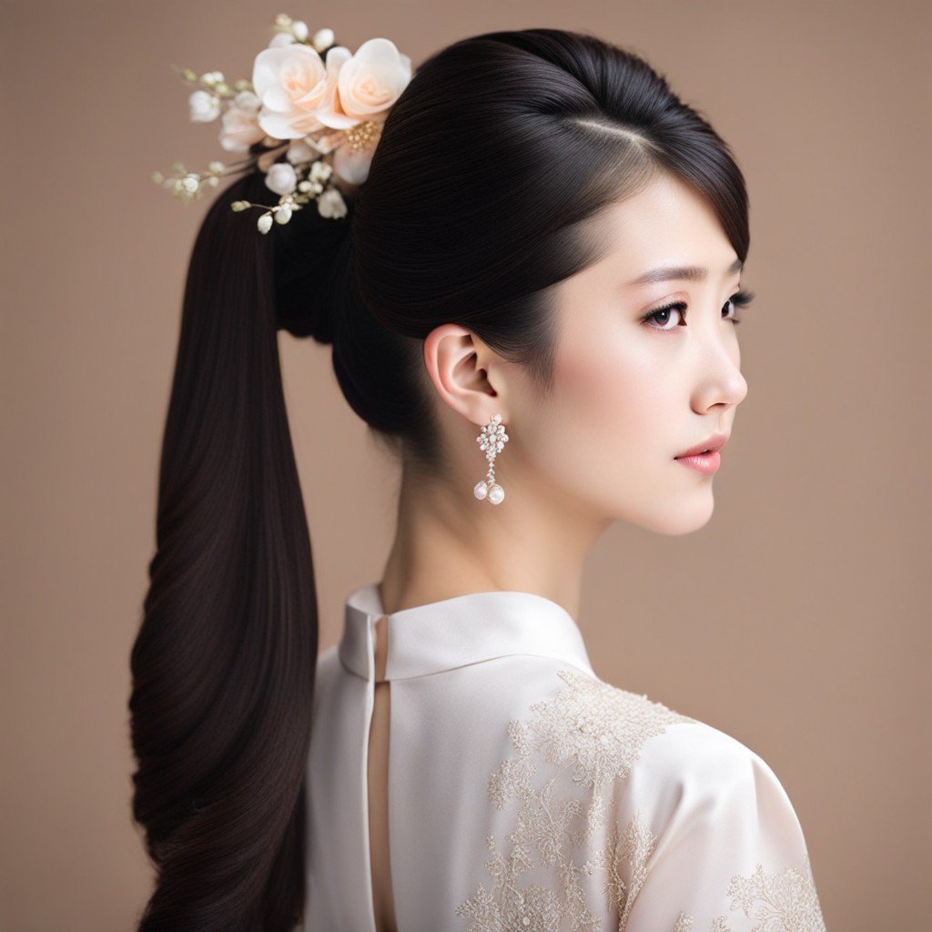novia china con vestido de novia tradicional con pelo largo.